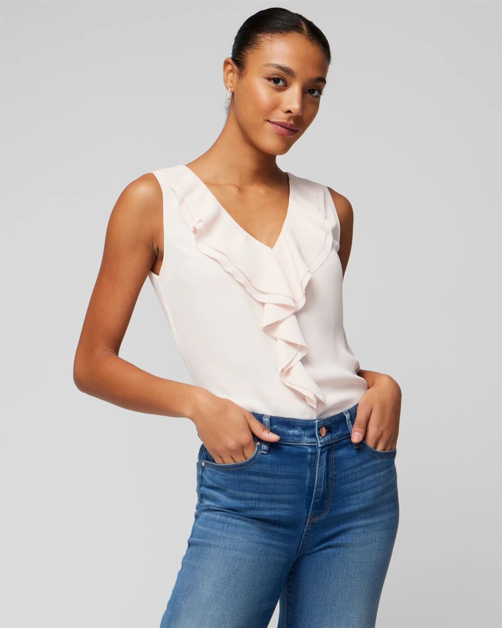 Sleeveless Ruffle Front Shell